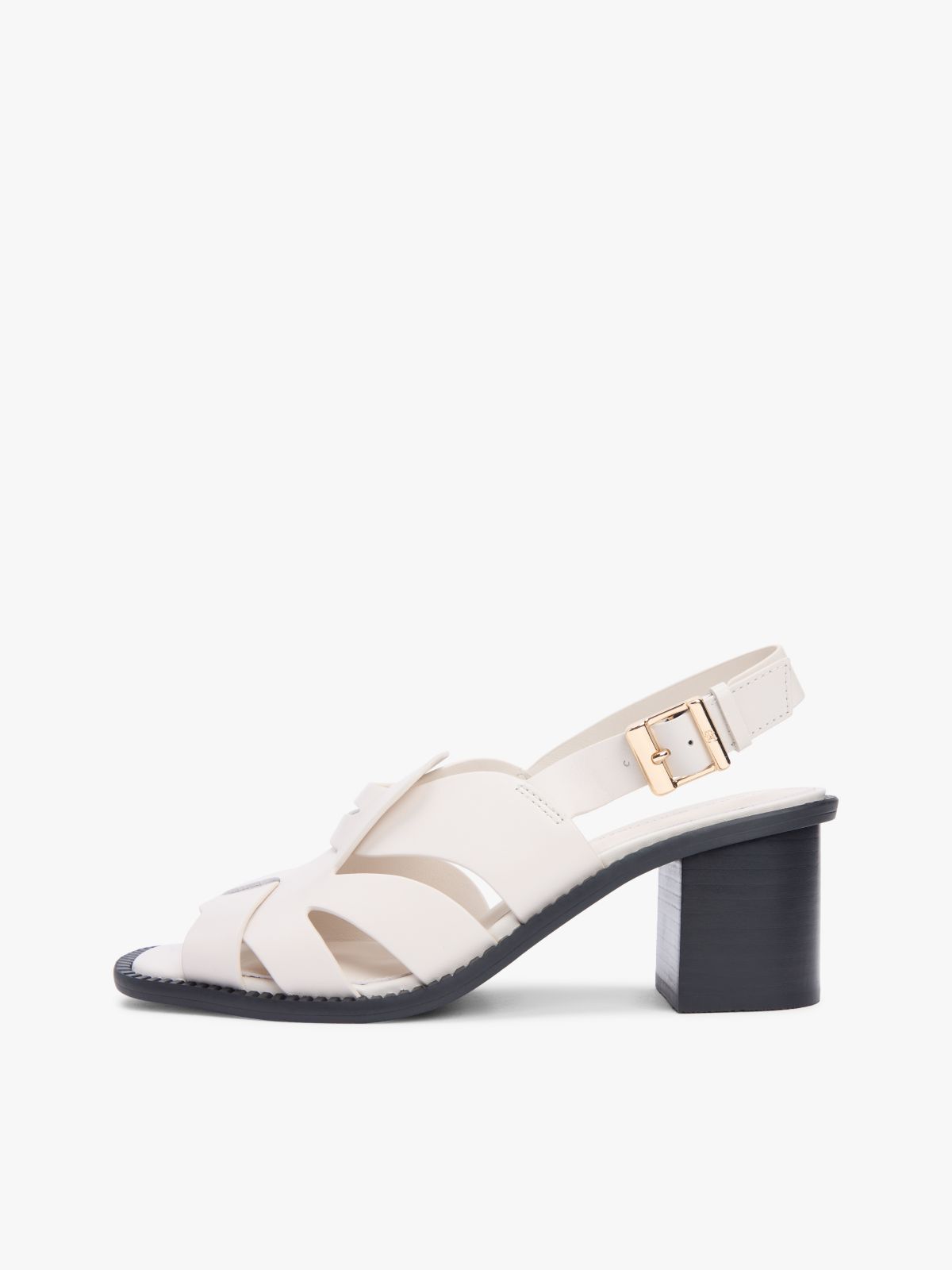 Leather Crest Block Heel Sandals — Beige