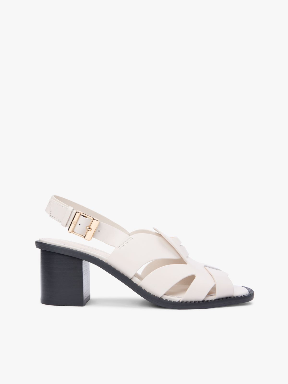 Leather Crest Block Heel Sandals — Beige