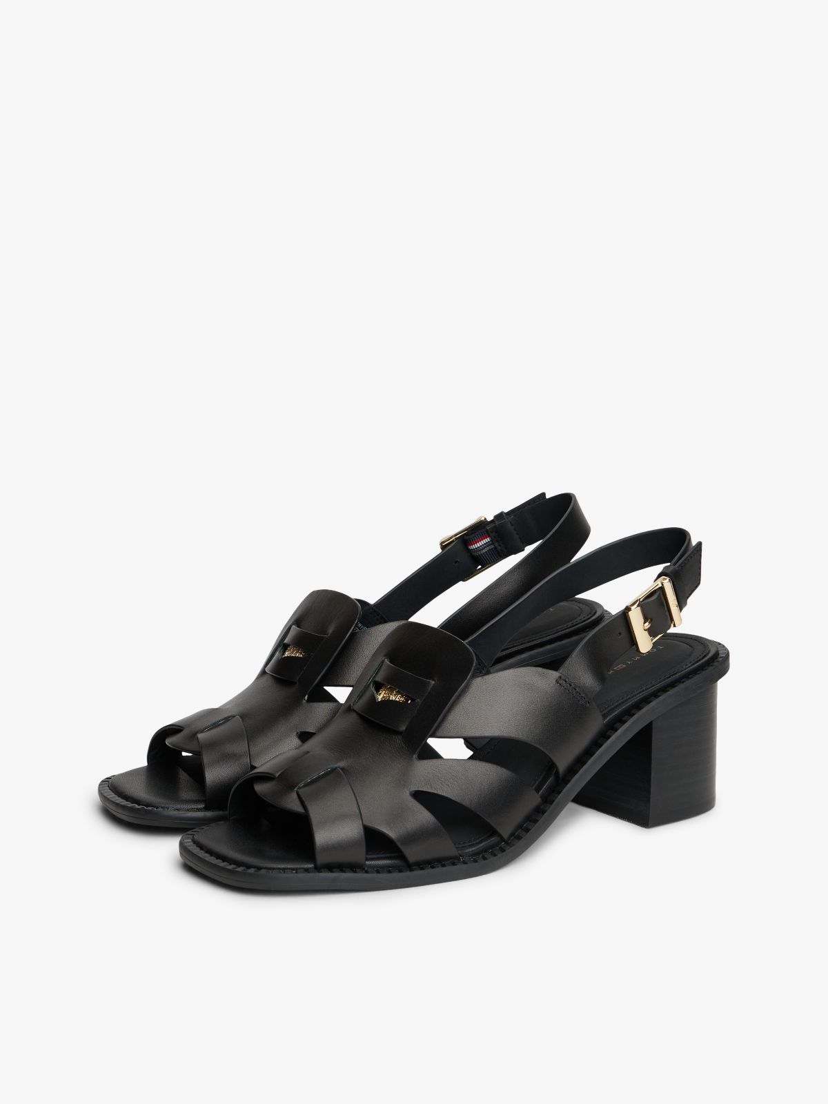 Leather Crest Block Heel Sandals — Black