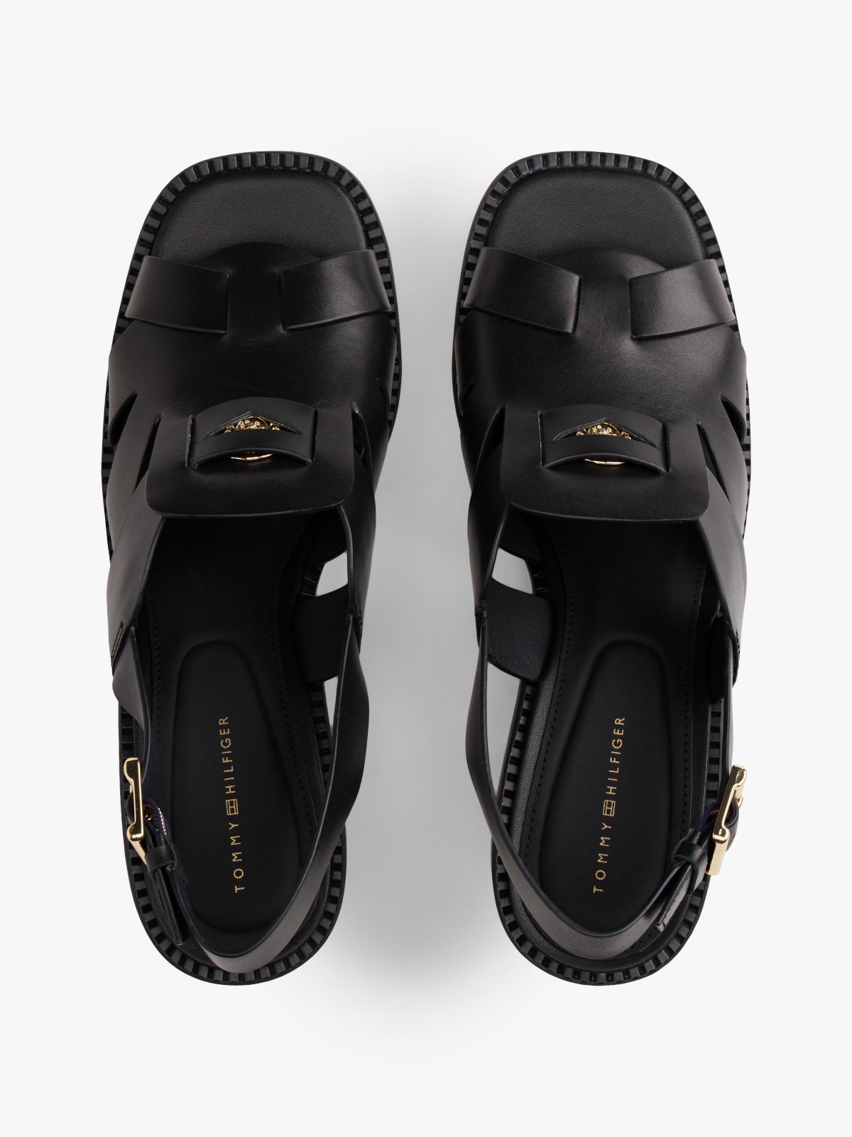Leather Crest Block Heel Sandals — Black