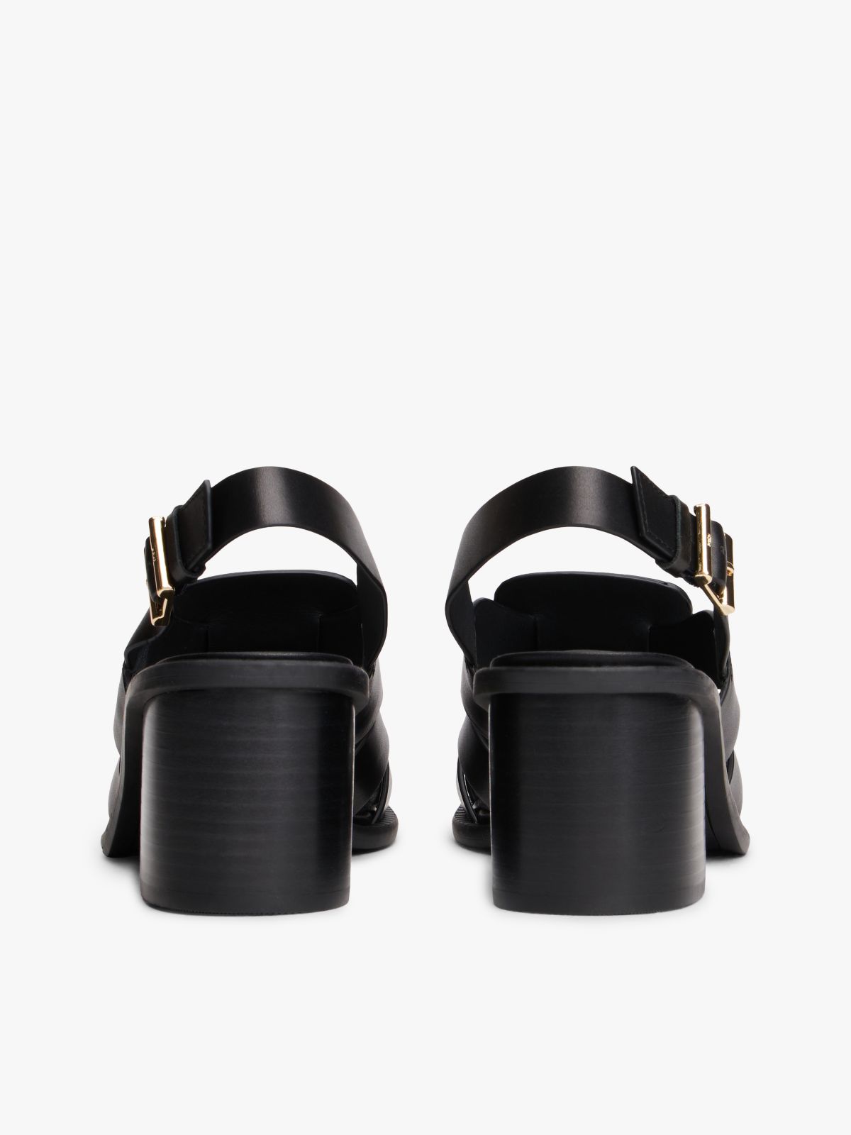 Leather Crest Block Heel Sandals — Black