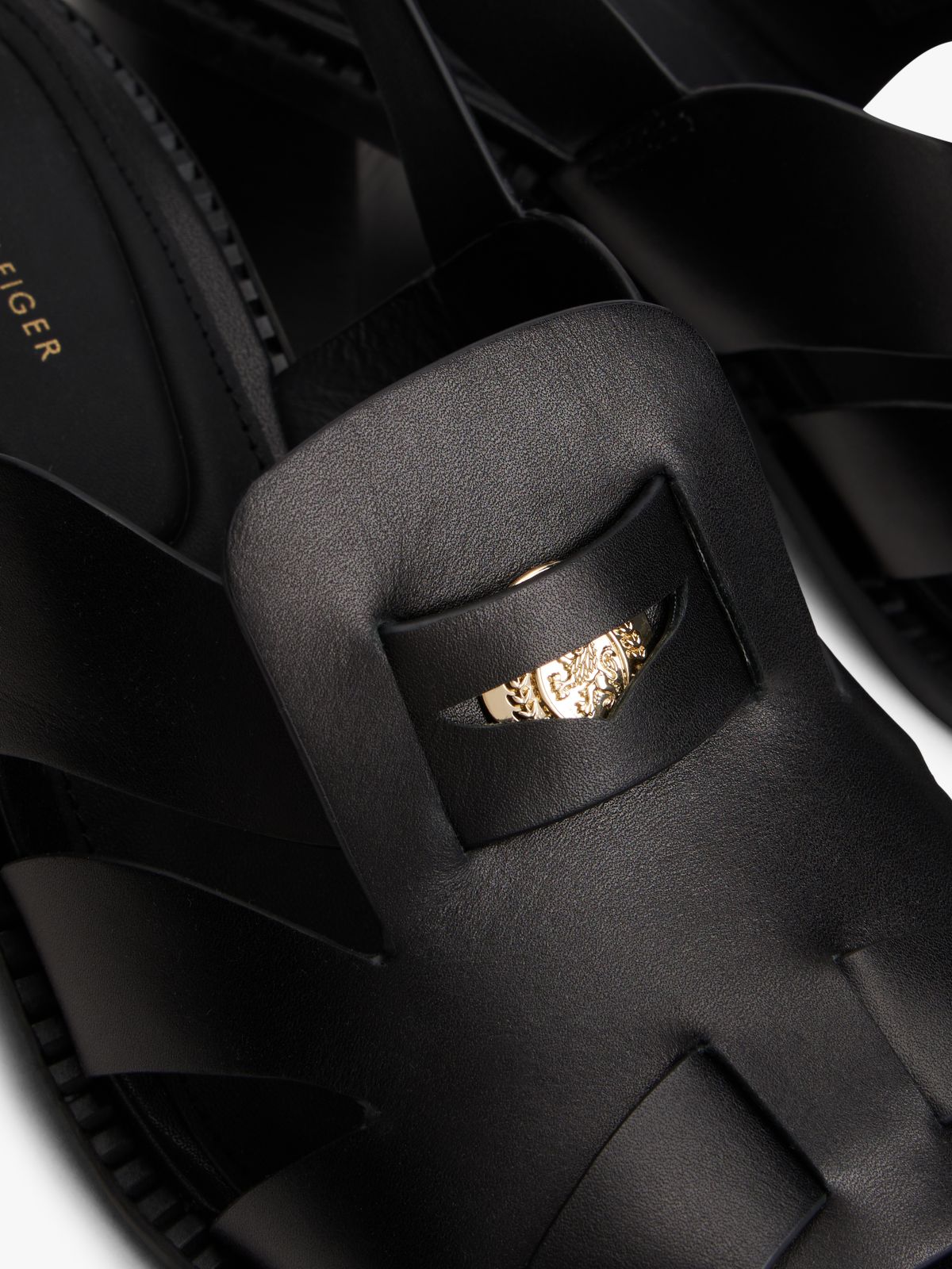 Leather Crest Block Heel Sandals — Black