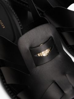 Leather Crest Block Heel Sandals — Black 6