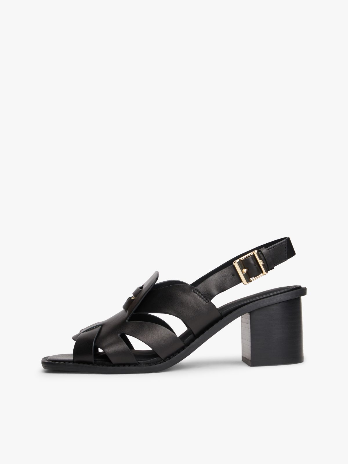 Leather Crest Block Heel Sandals — Black