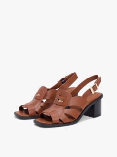 Leather Crest Block Heel Sandals — Brown 2