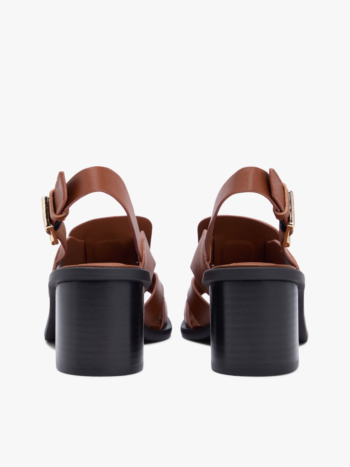 Leather Crest Block Heel Sandals — Brown