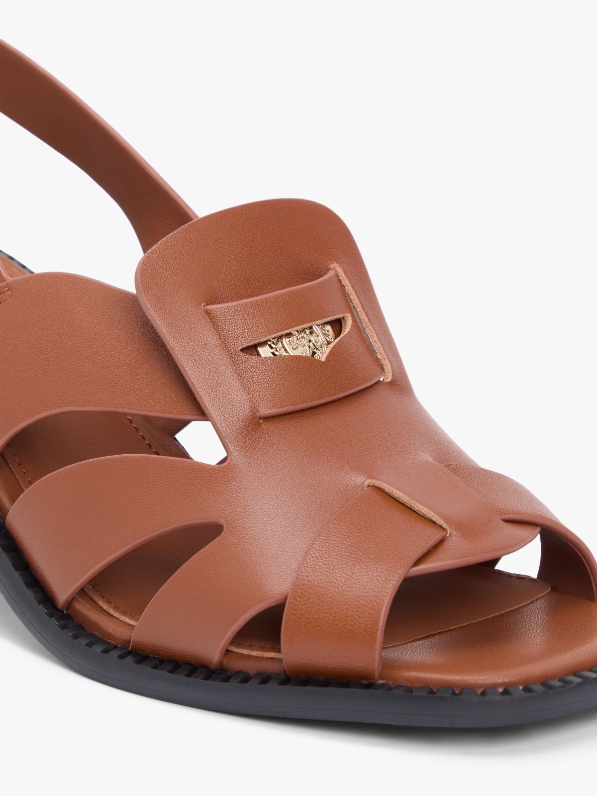 Leather Crest Block Heel Sandals — Brown
