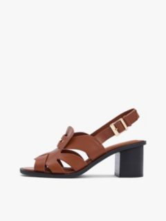 Leather Crest Block Heel Sandals — Brown 7