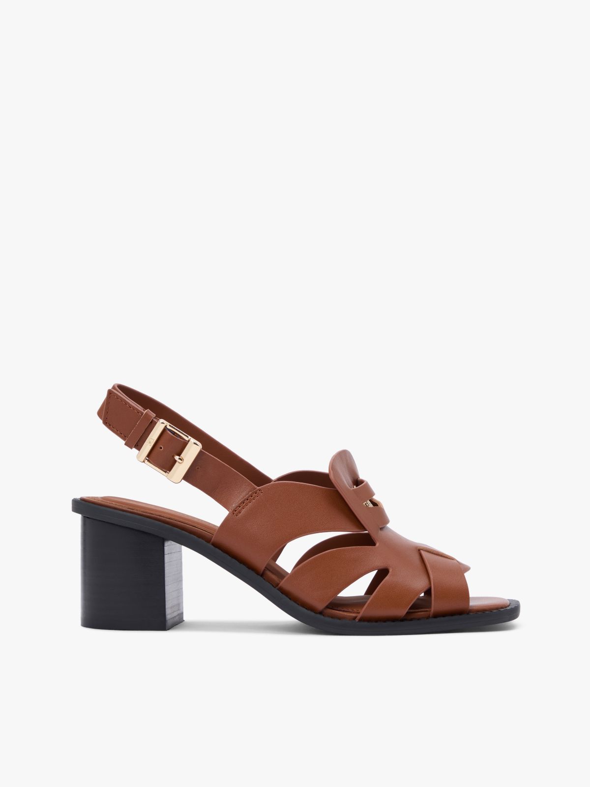 Leather Crest Block Heel Sandals — Brown