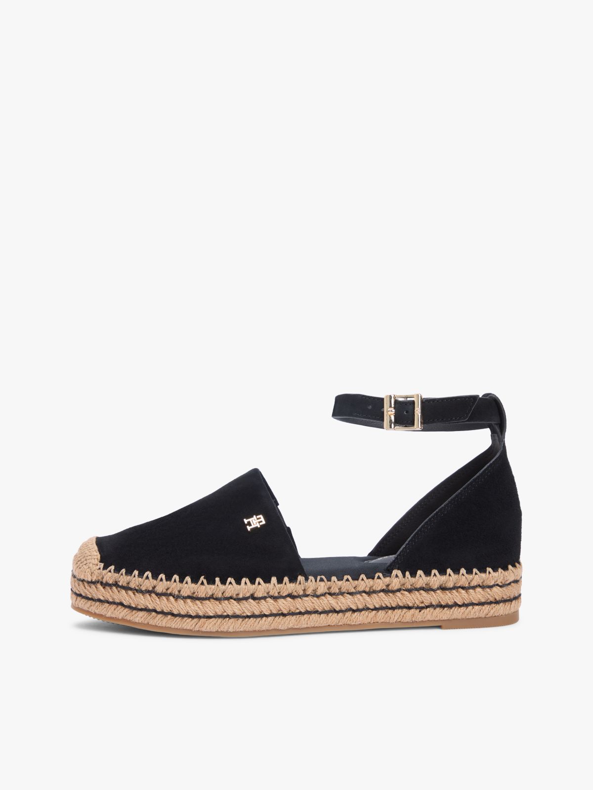 Suede Ankle Strap Platform Espadrilles — Black