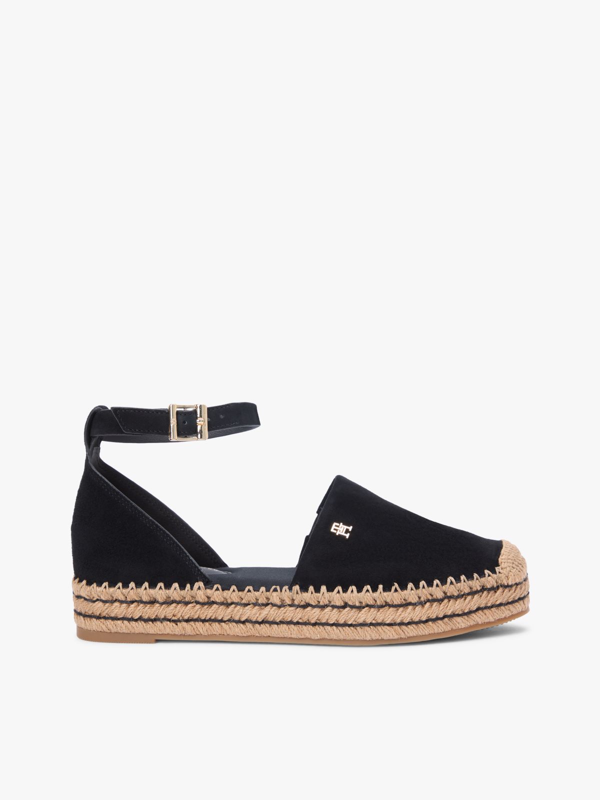 Suede Ankle Strap Platform Espadrilles — Black
