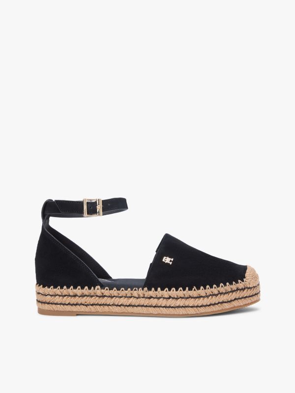 Suede Ankle Strap Platform Espadrilles — Black