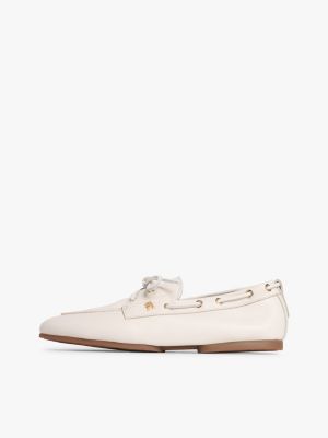 beige leather th monogram boat shoes for women tommy hilfiger