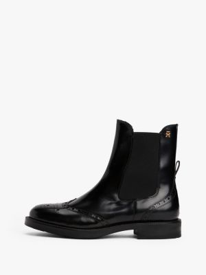bottines chelsea en cuir à motif brogue noir pour femmes tommy hilfiger