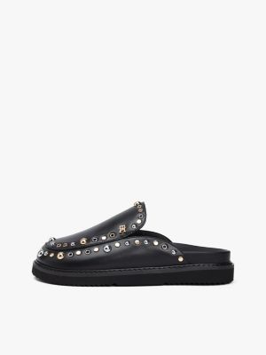 mules en cuir à monogramme th et clous noir pour femmes tommy hilfiger