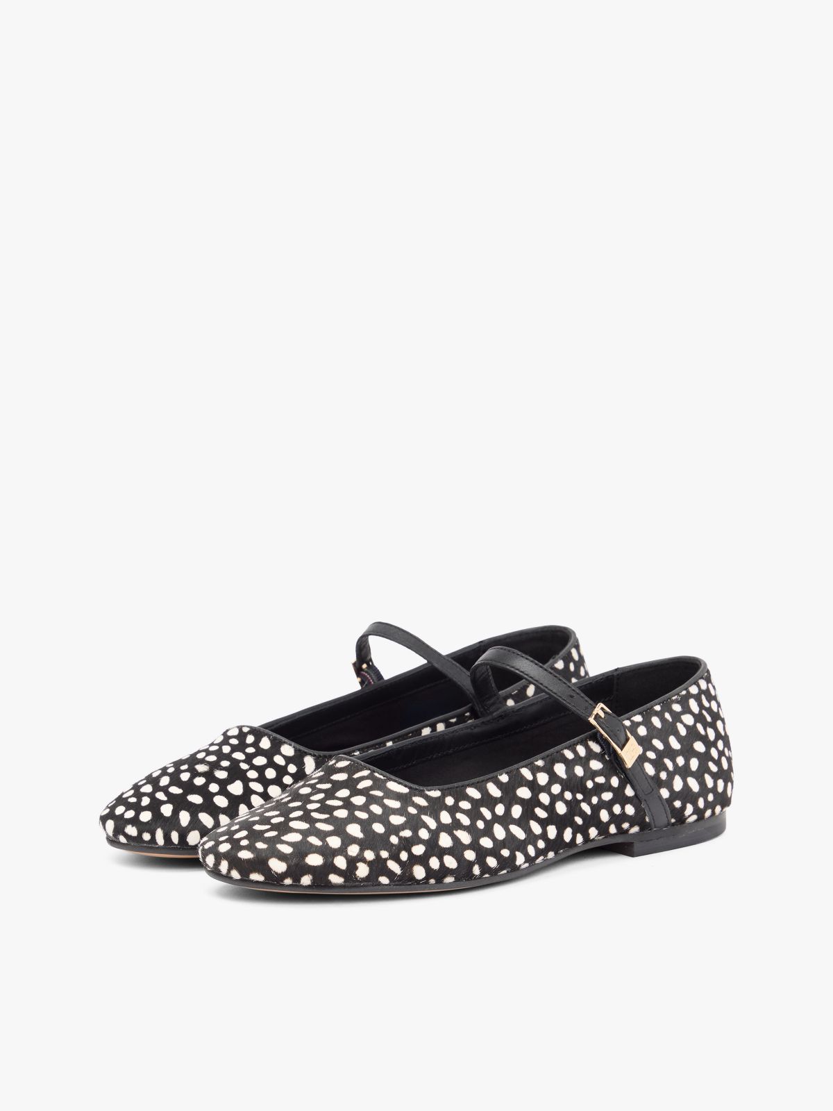 Snow Leopard Print Buckle Ballerinas — Black