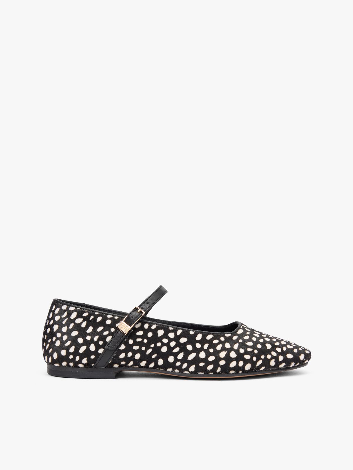 Snow Leopard Print Buckle Ballerinas — Black
