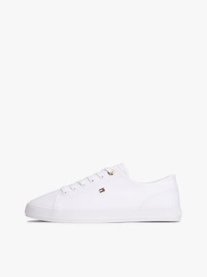 baskets en toile à drapeau en émail blanc pour femmes tommy hilfiger