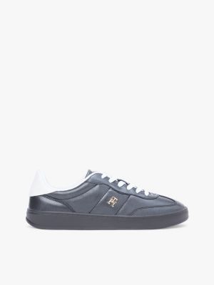 black th monogram metallic trainers with leather for women tommy hilfiger