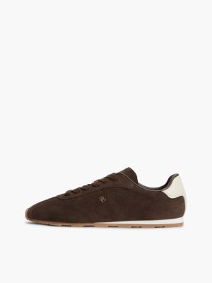 brown th monogram suede low profile trainers for women tommy hilfiger