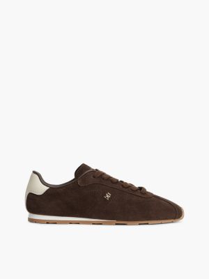 brown th monogram suede low profile trainers for women tommy hilfiger