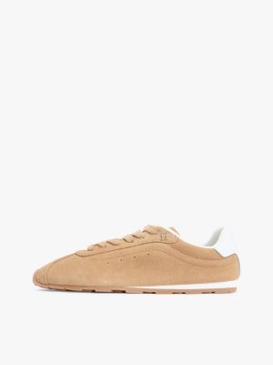 khaki suede th monogram low profile trainers for women tommy hilfiger