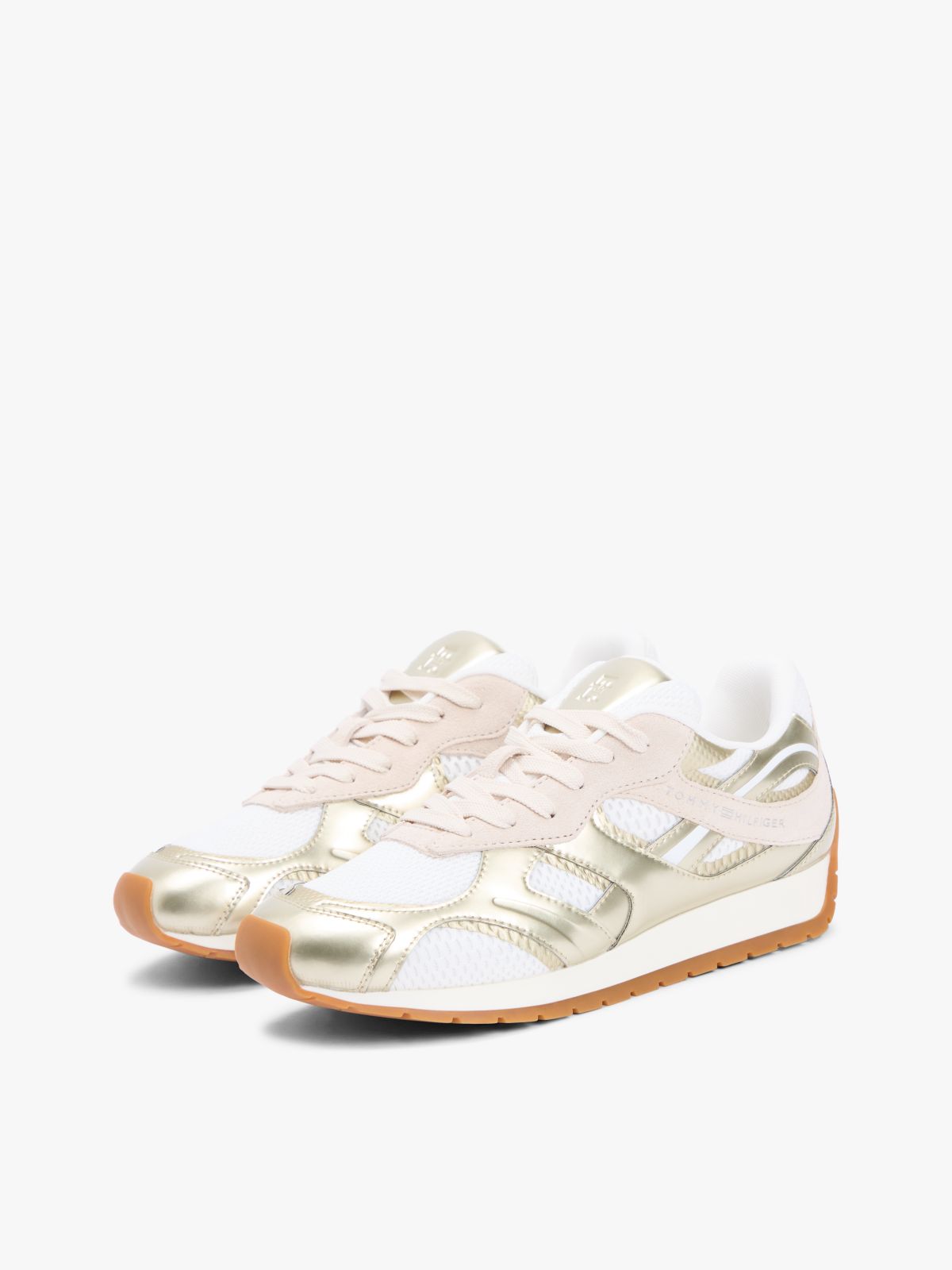 Mixed Texture Metallic Trainers With Leather — Gold