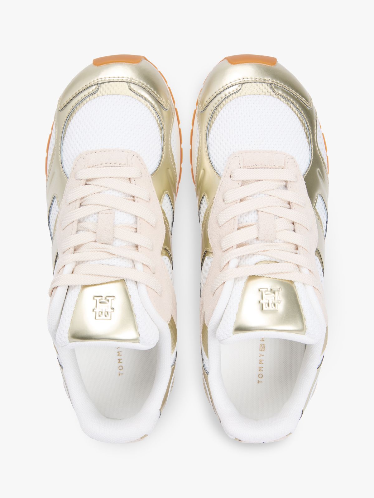 Mixed Texture Metallic Trainers With Leather — Gold