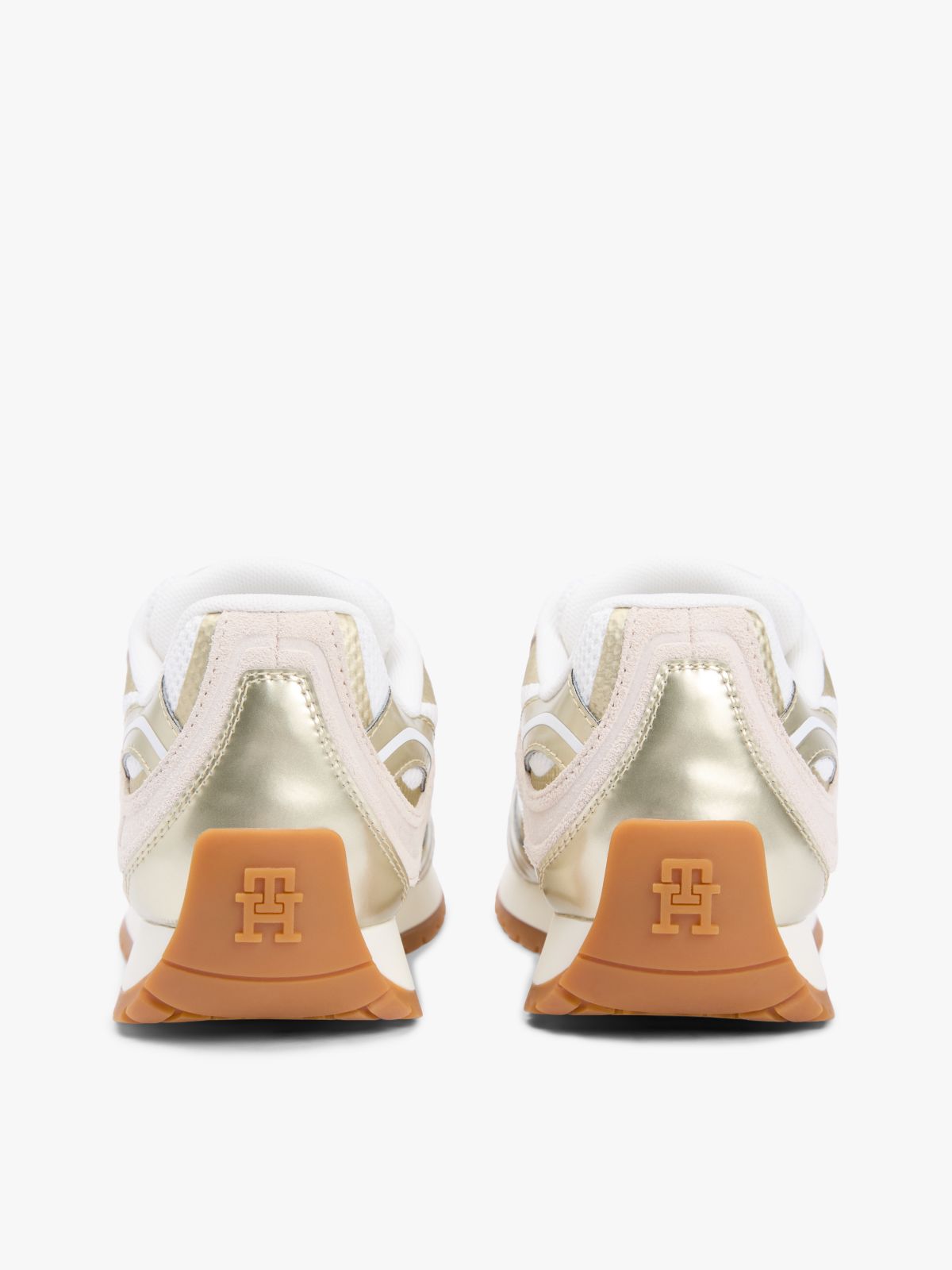 Mixed Texture Metallic Trainers With Leather — Gold