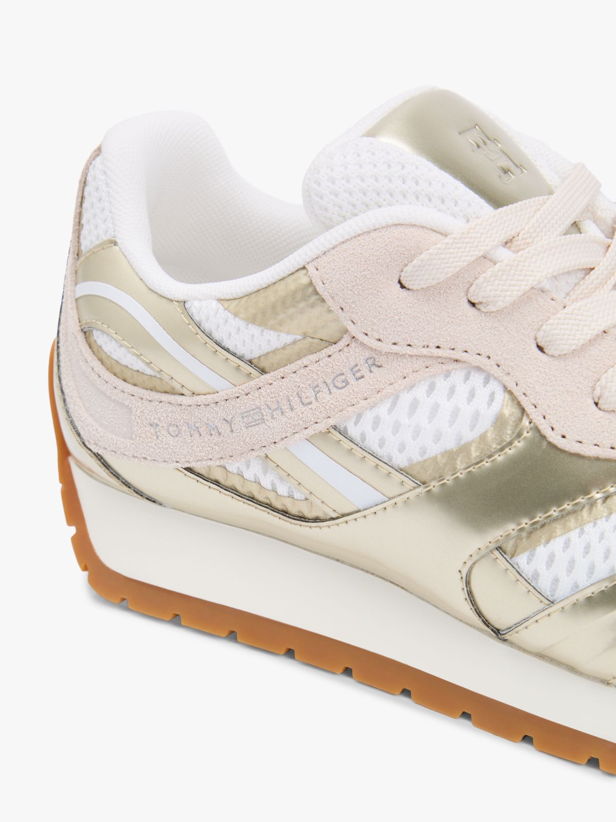Mixed Texture Metallic Trainers With Leather — Gold