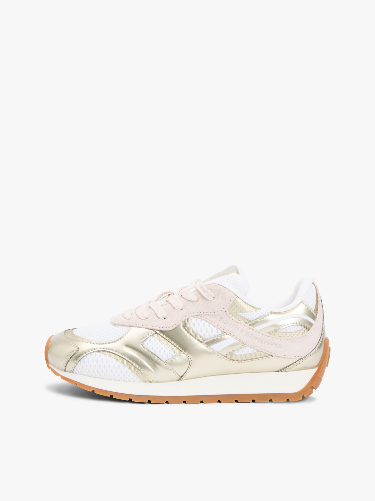 Mixed Texture Metallic Trainers With Leather — Gold