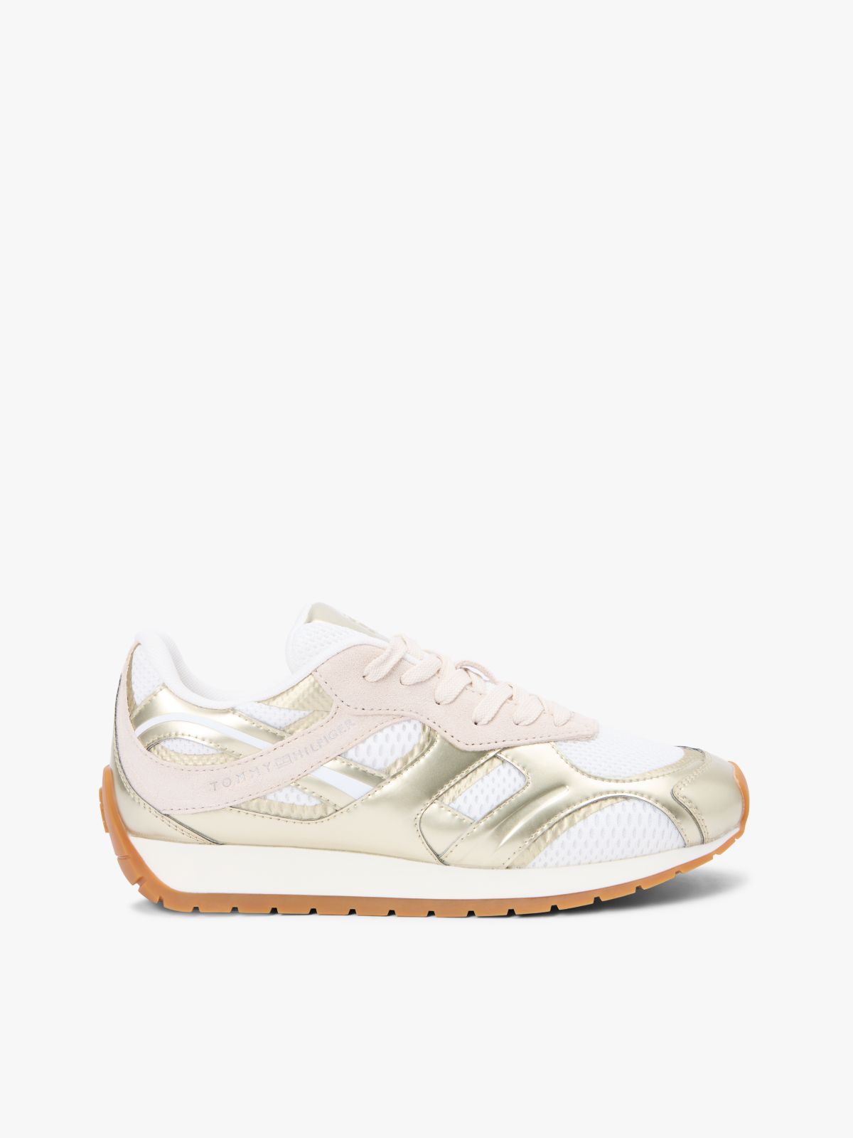 Mixed Texture Metallic Trainers With Leather — Gold