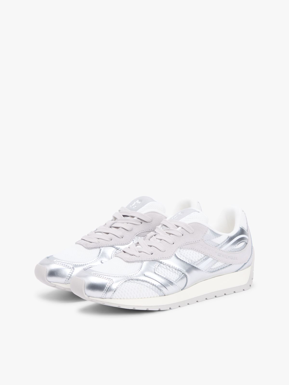 Mixed Texture Metallic Trainers With Leather — Grey