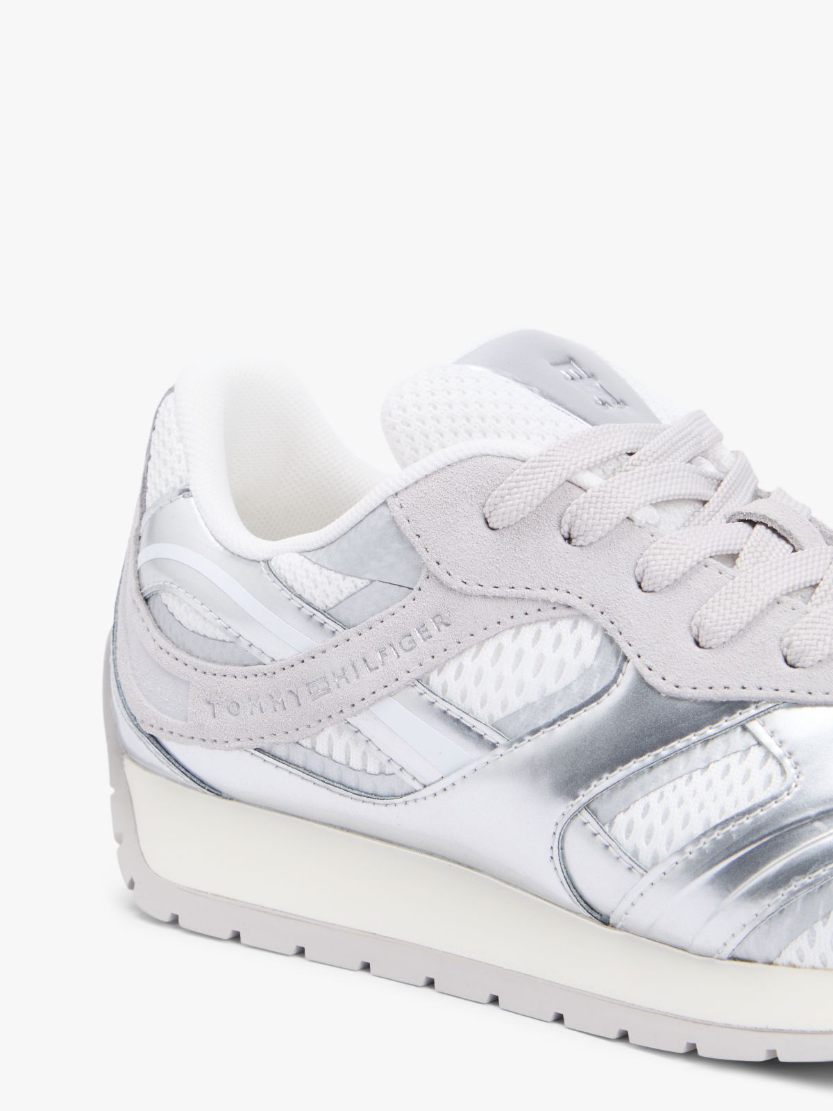 Mixed Texture Metallic Trainers With Leather — Grey