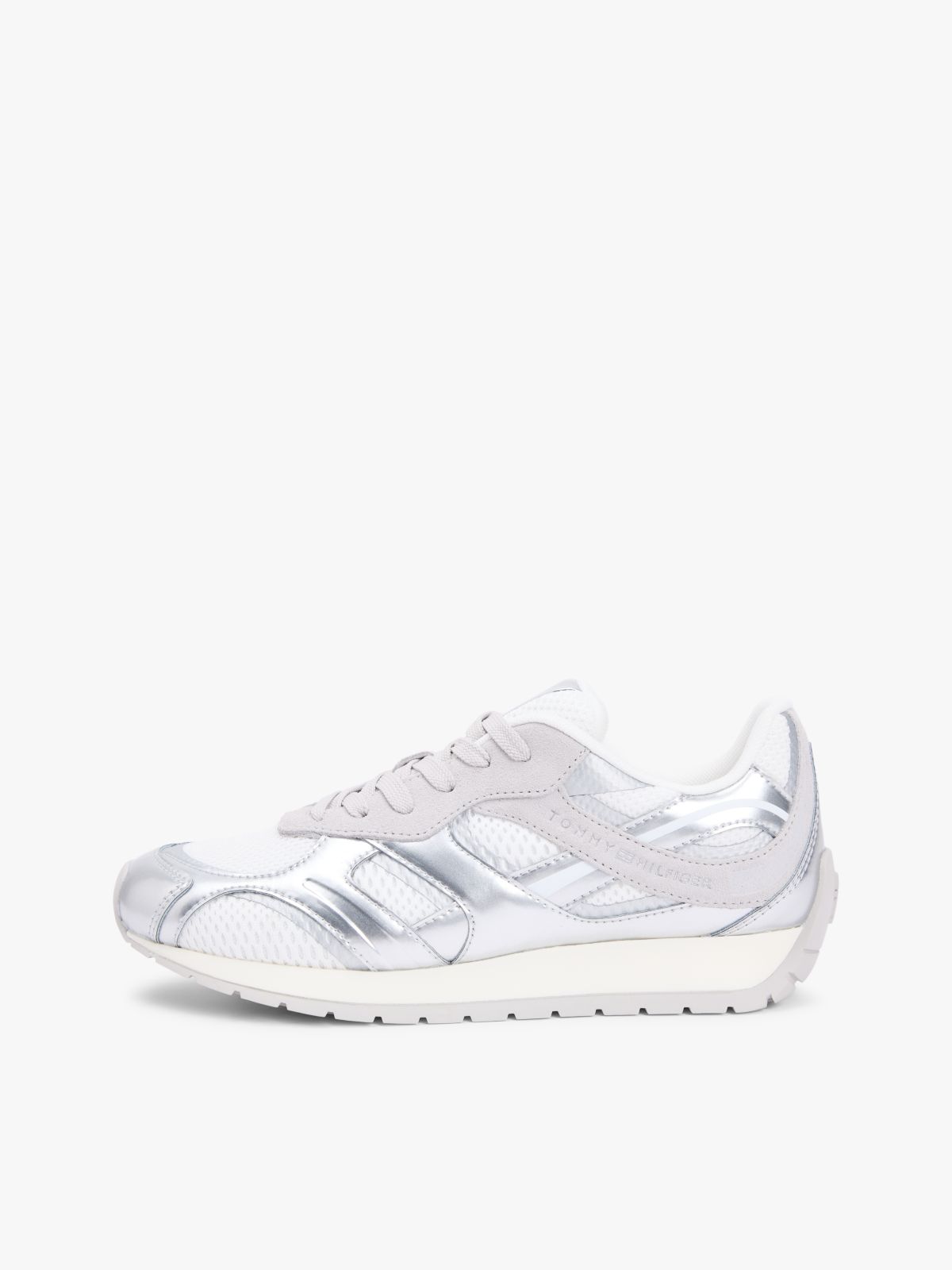 Mixed Texture Metallic Trainers With Leather — Grey