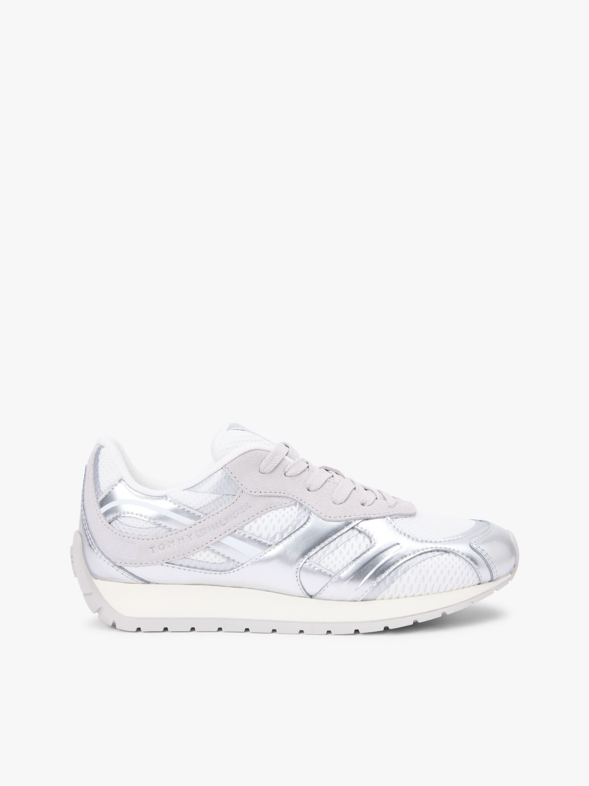Mixed Texture Metallic Trainers With Leather — Grey