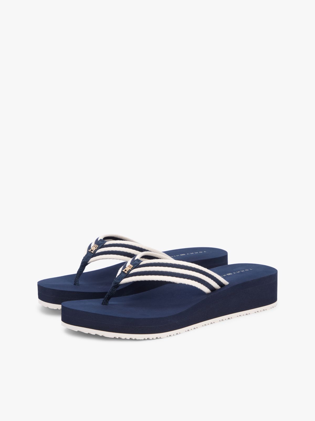 Stripe Webbing Strap Wedge Flip-Flops — Blue