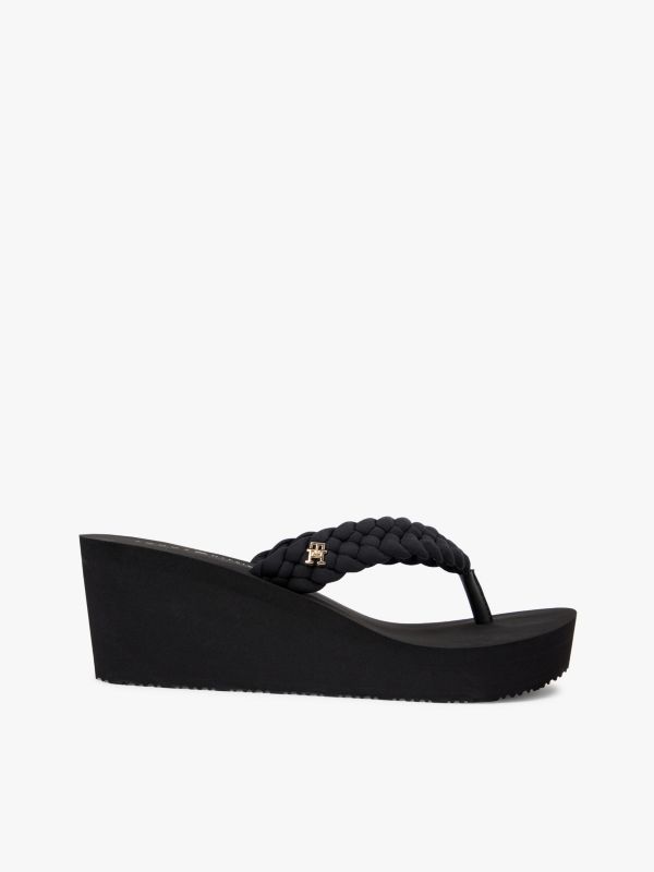 Braided Strap Wedge Flip-Flops — Black