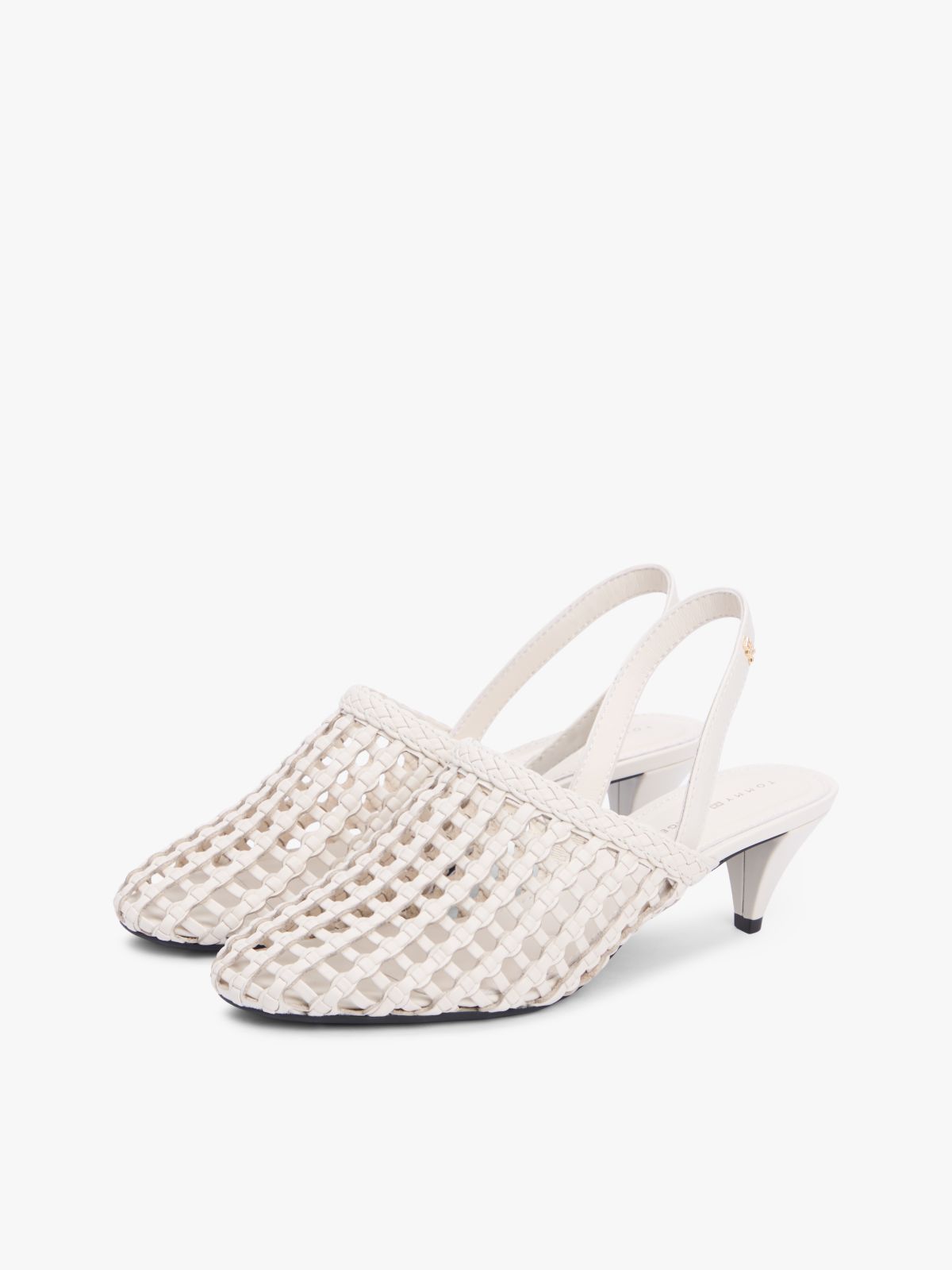 Woven Pointed Toe Slingback Heels — Beige