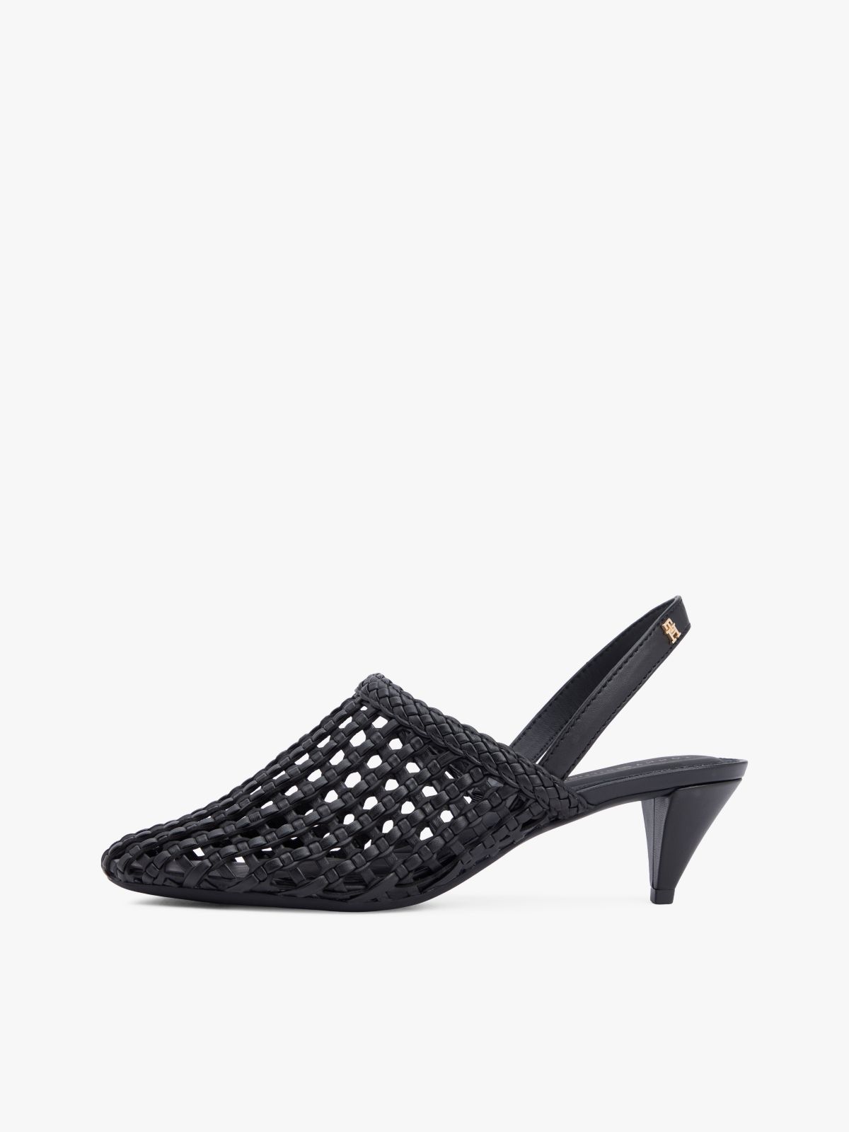 Woven Pointed Toe Slingback Heels — Black