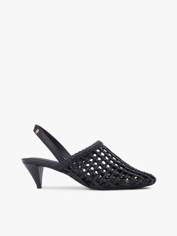 Woven Pointed Toe Slingback Heels — Black
