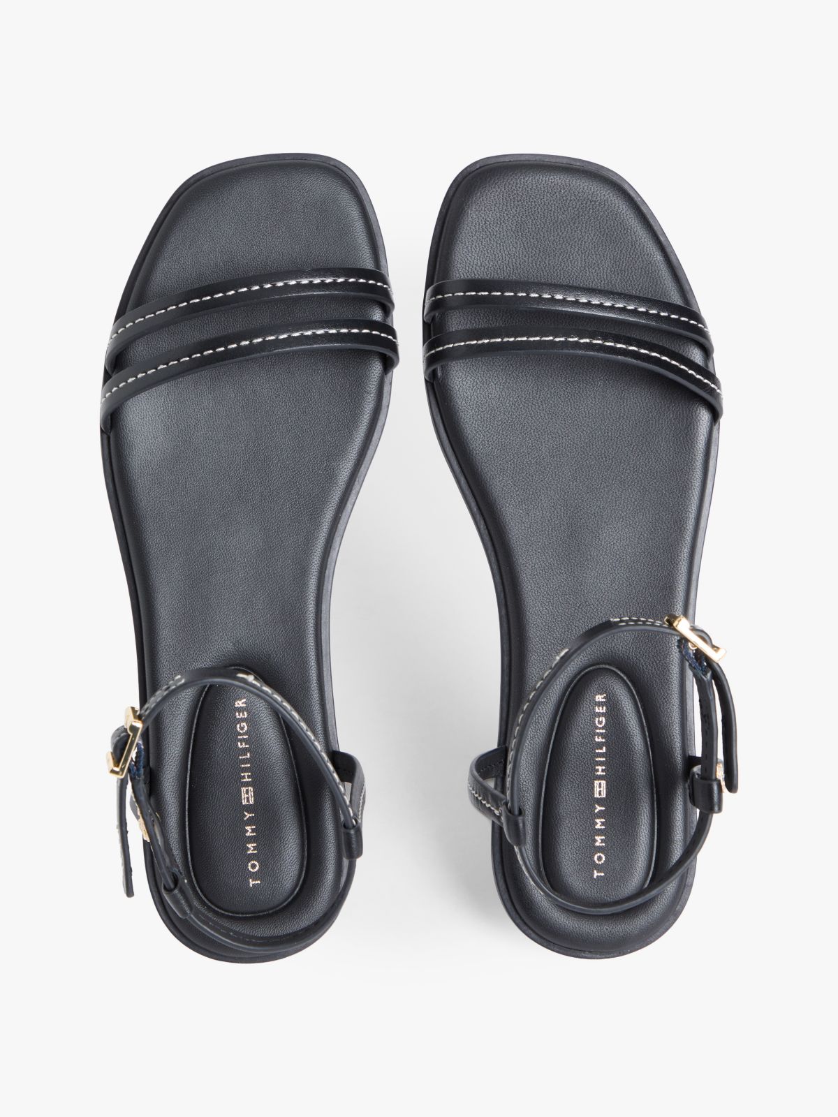 Leather Contrast Topstitch Flat Sandals — Black