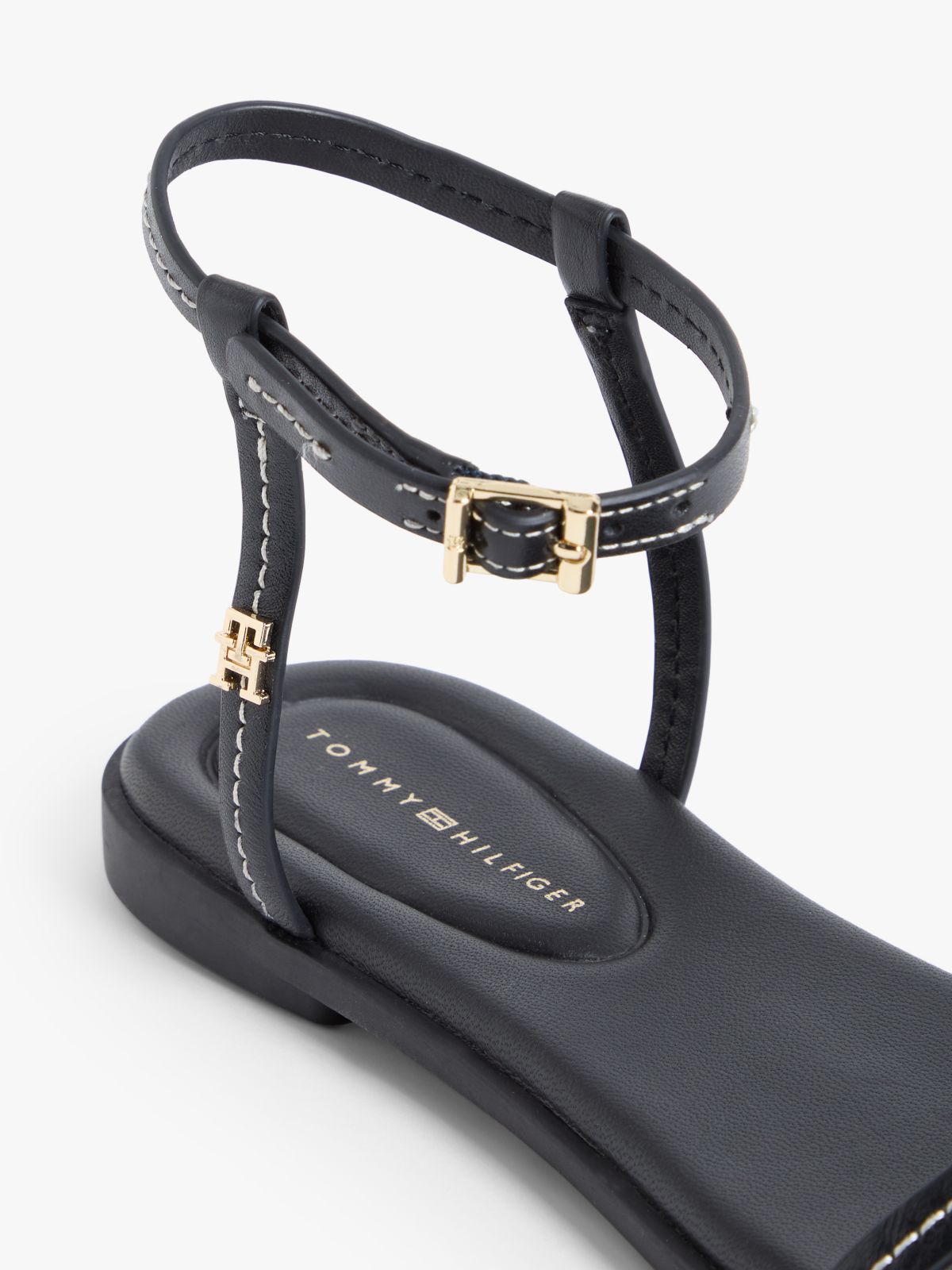 Leather Contrast Topstitch Flat Sandals — Black