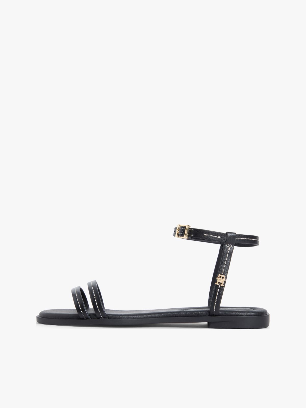 Leather Contrast Topstitch Flat Sandals — Black