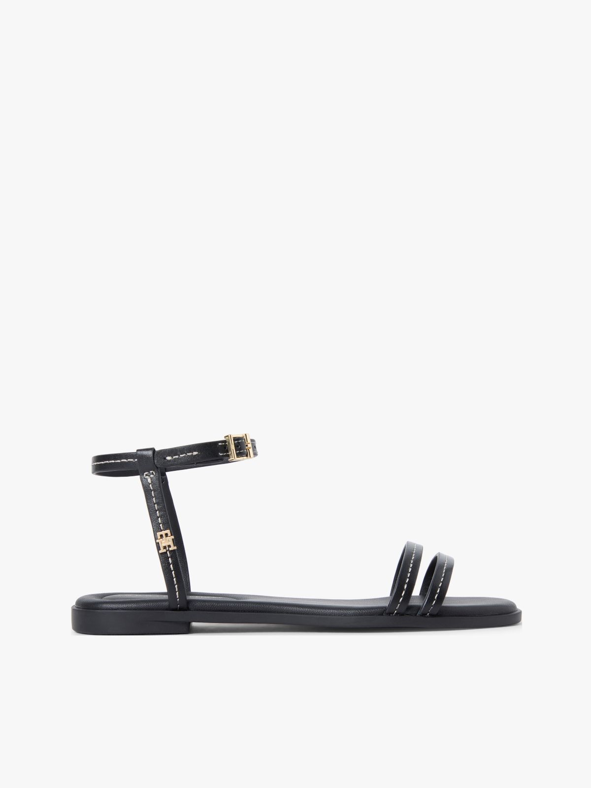 Leather Contrast Topstitch Flat Sandals — Black