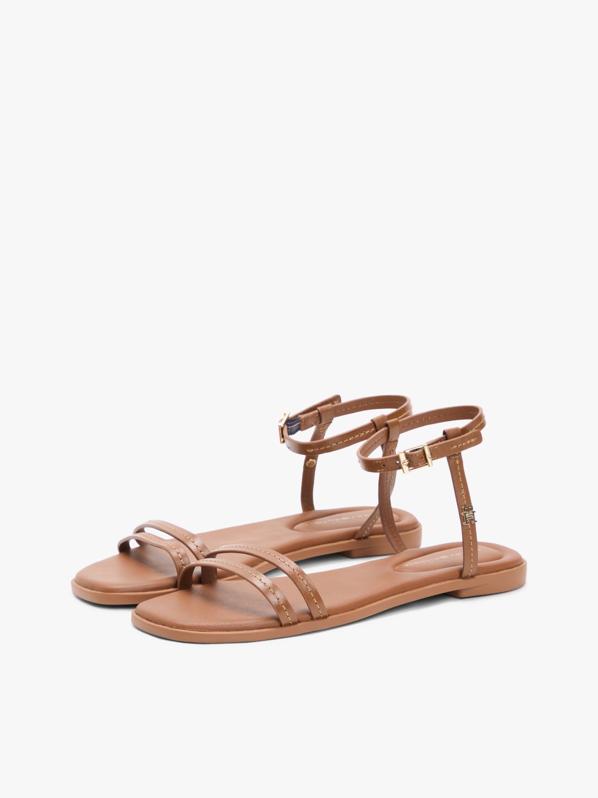 Leather Contrast Topstitch Flat Sandals — Brown