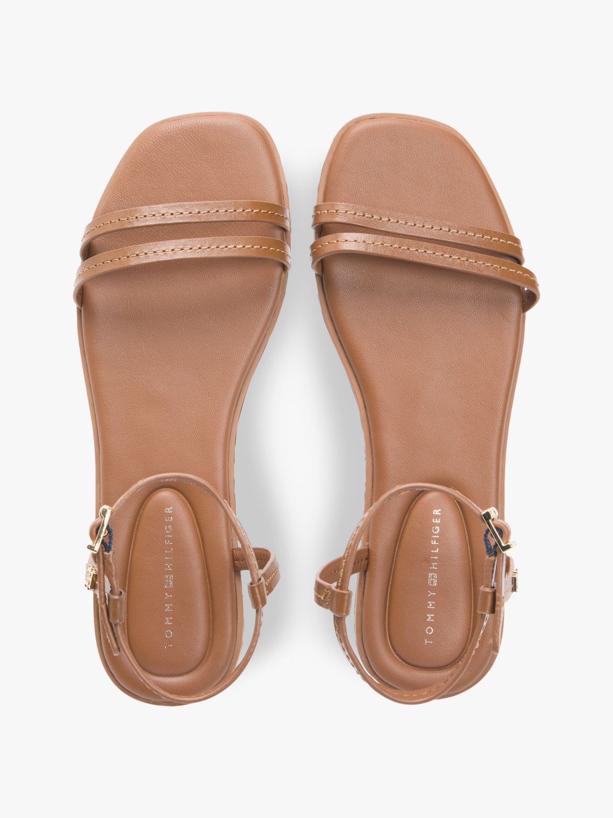 Leather Contrast Topstitch Flat Sandals — Brown