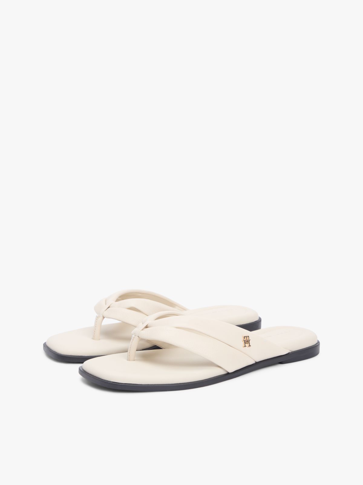 Leather Toe Post Flat Sandals — Beige