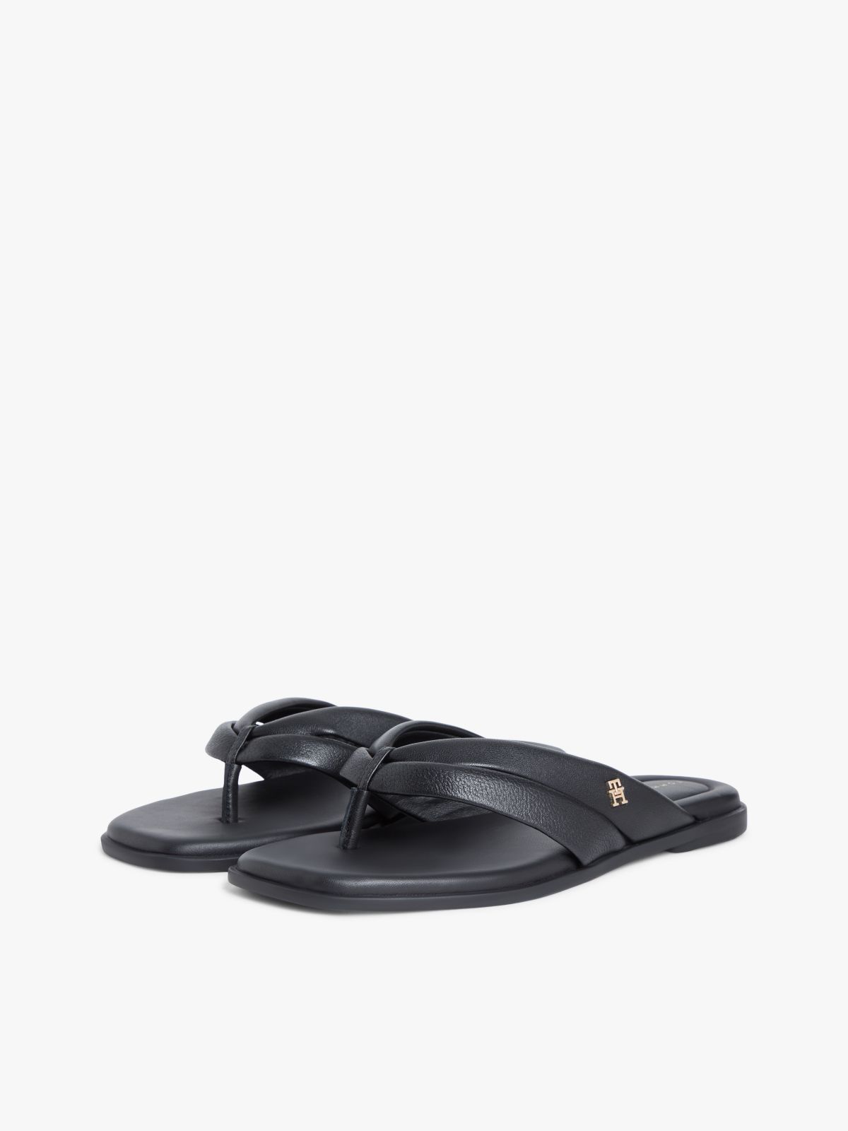 Leather Toe Post Flat Sandals — Black