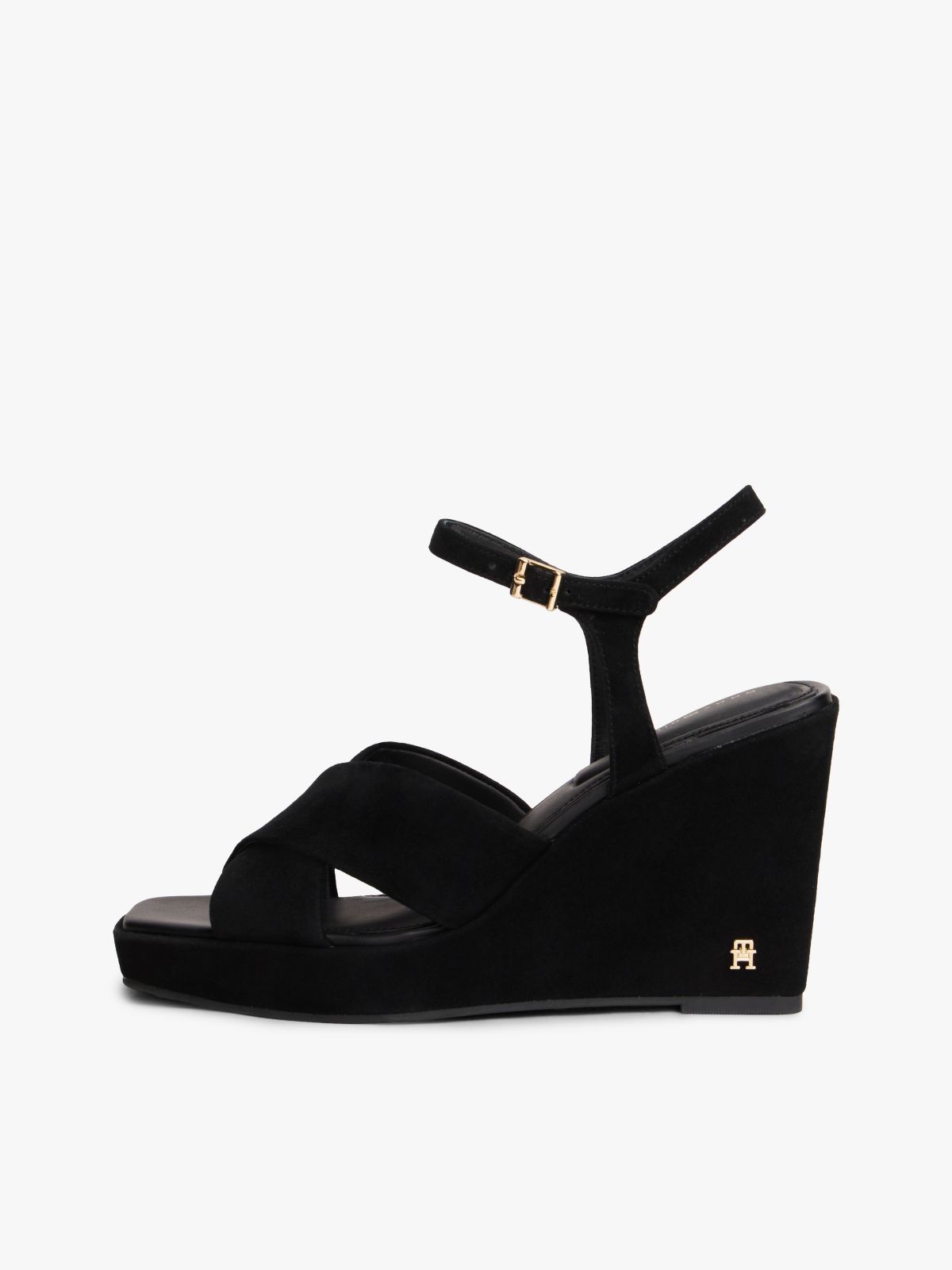 Suede High Wedge Heel Sandals — Black